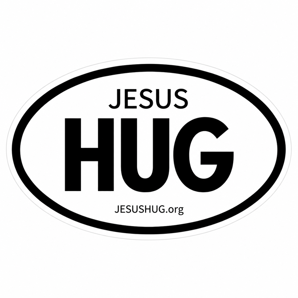 White oval Jesus HUG sticker with black lettering, a black border, and JESUSHUG.org.