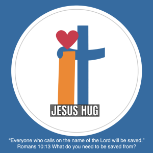 Round Jesus HUG sticker with a blue cross, red heart, and orange figure, shown on a blue background with Romans 10:13 beneath it.